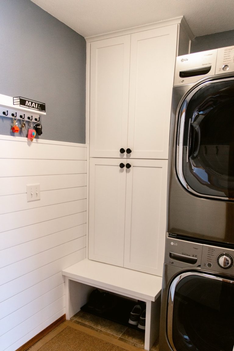 VKB laundry room white cabinets